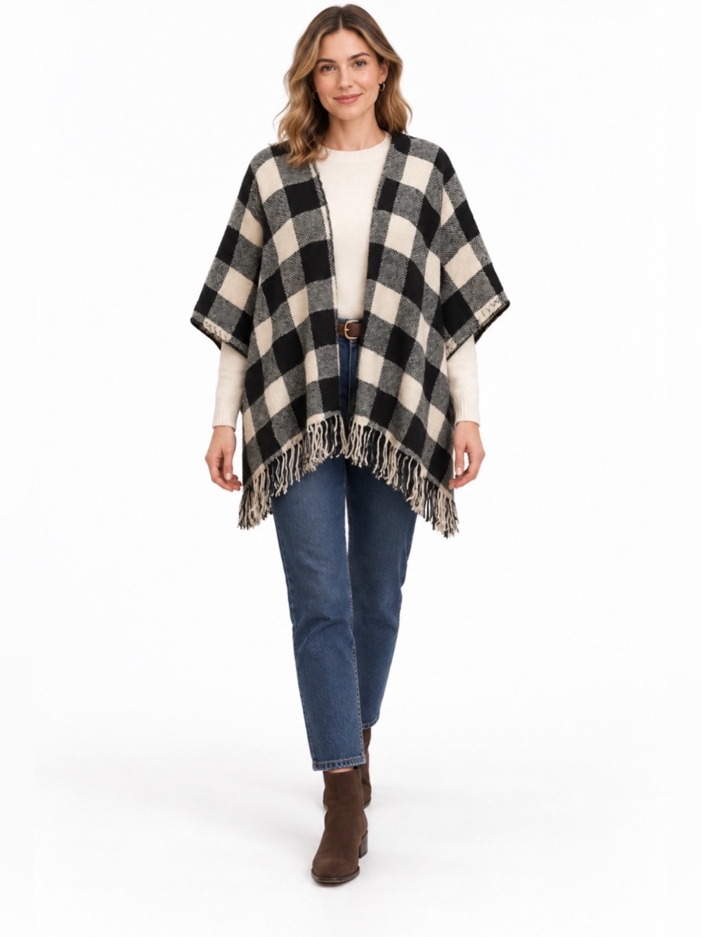 Kori America, Chic Black and White Plaid Poncho one size fits all
